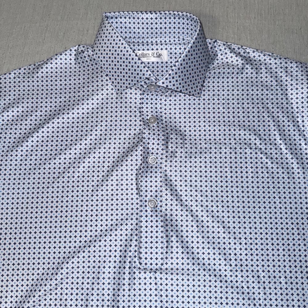 Collars & Co Golf Polo Blue Geometric AOP Size Featherweight Relaxed Small NWOT